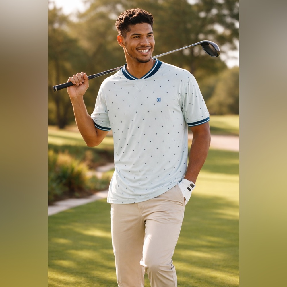 G/FORE Star Print Golf Polo Shirt Blue Performance Athletic Size M